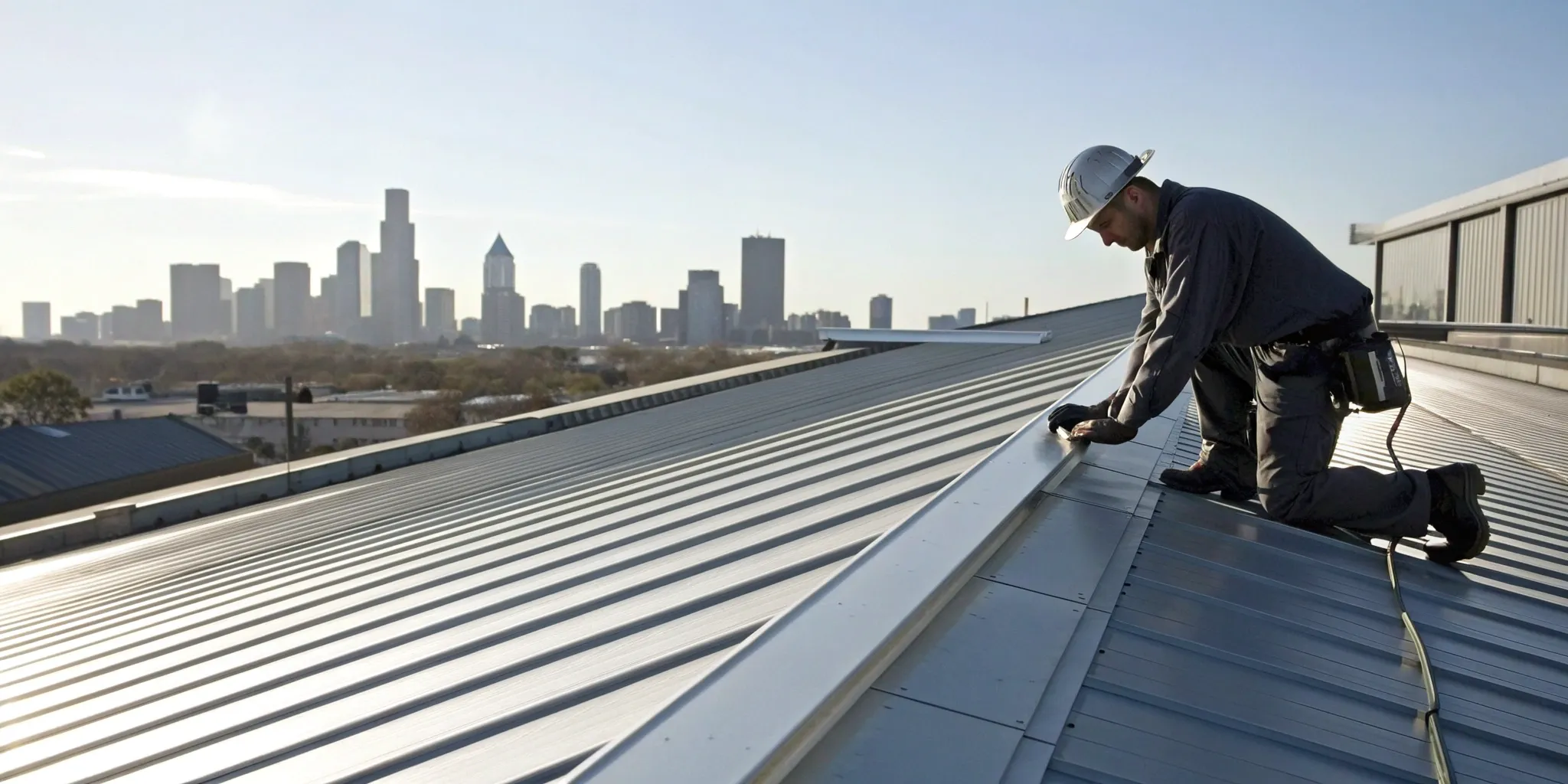 Commercial standing seam metal roof being installed by a RISE Roofing technician