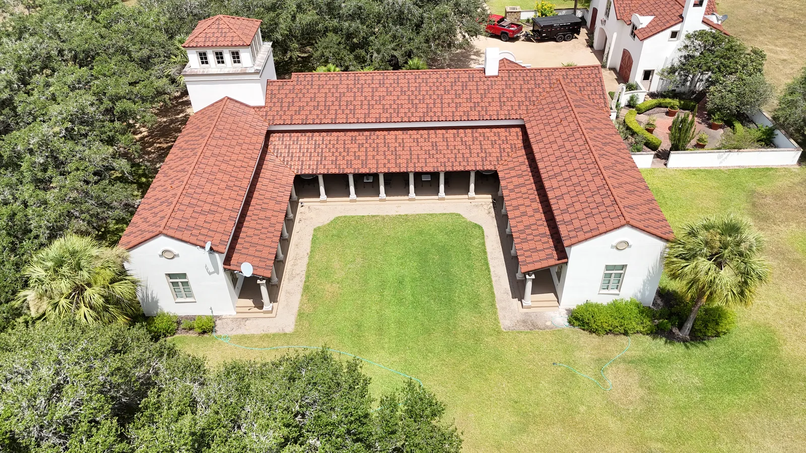 DECRA Villa Tile roof installation by RISE Roofing — aerial view 1