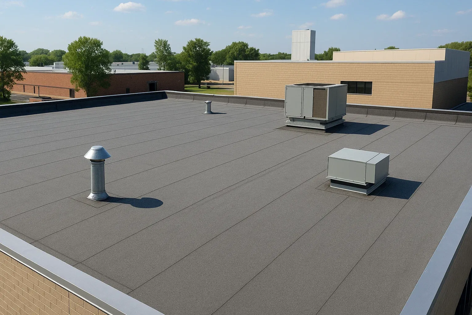 Modified bitumen flat roof installed by RISE Roofing in Austin TX